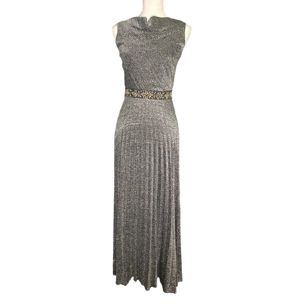 Vintage Silver Lamé Evelyn Pearson Maxi Dress Sleeveless Accordian Pleats Small